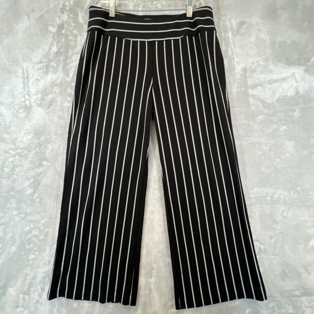 Zac & Rachel Pants Pull On Black White Striped Crop Size Lg Stretch Wide Leg